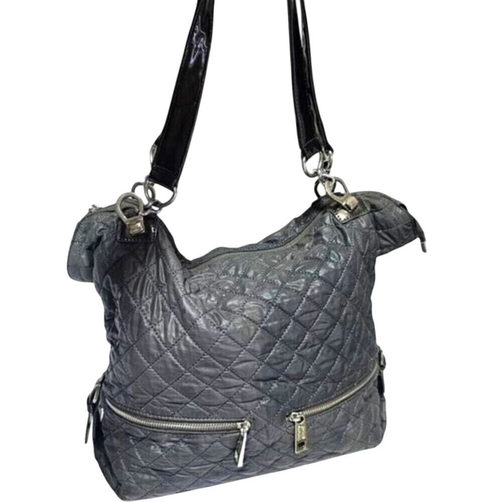 Tiffany & Fred Paris‎ Quilted Metallic Gray Shoulder Bag Tote Purse Zip Pockets